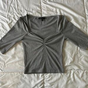 topshop gray mid-sleeve top with ruched v-square neckline